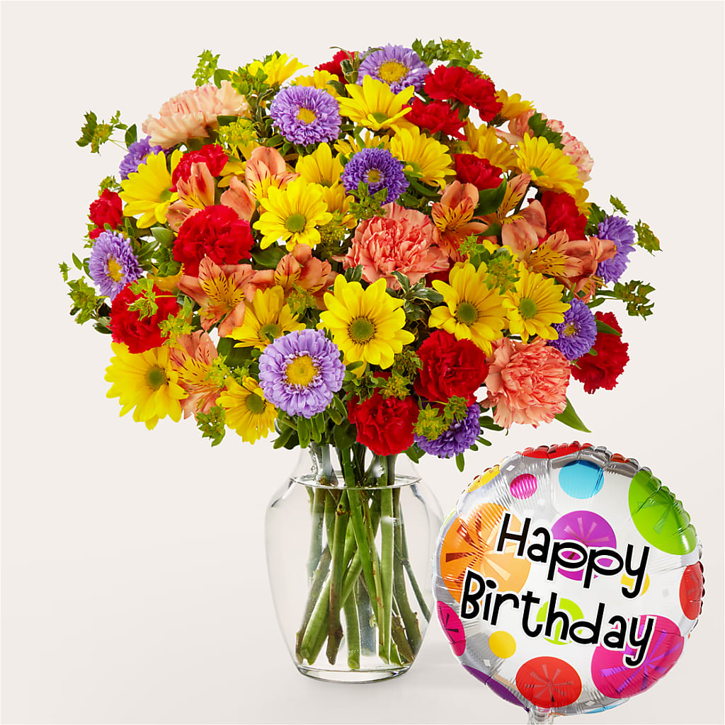 Kaleidoscope Bouquet with Birthday Balloon – Acuarela Events Inc, Land O Lakes FL