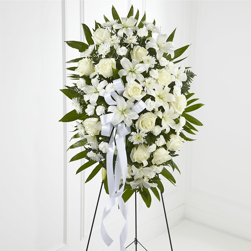 Exquisite Tribute Standing Spray-White Ribbon – Acuarela Events Inc, Land O Lakes FL